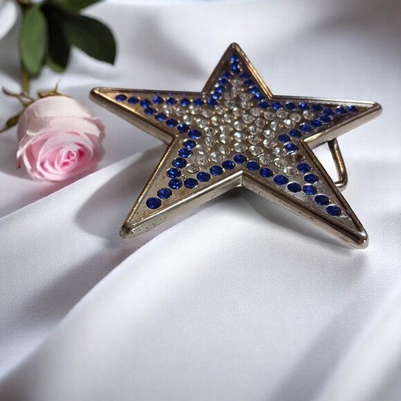 Silver Star Western Belt Buckle with Clear & Cobalt Crystals – Fits 1.5" Belt - Picture 6 of 9